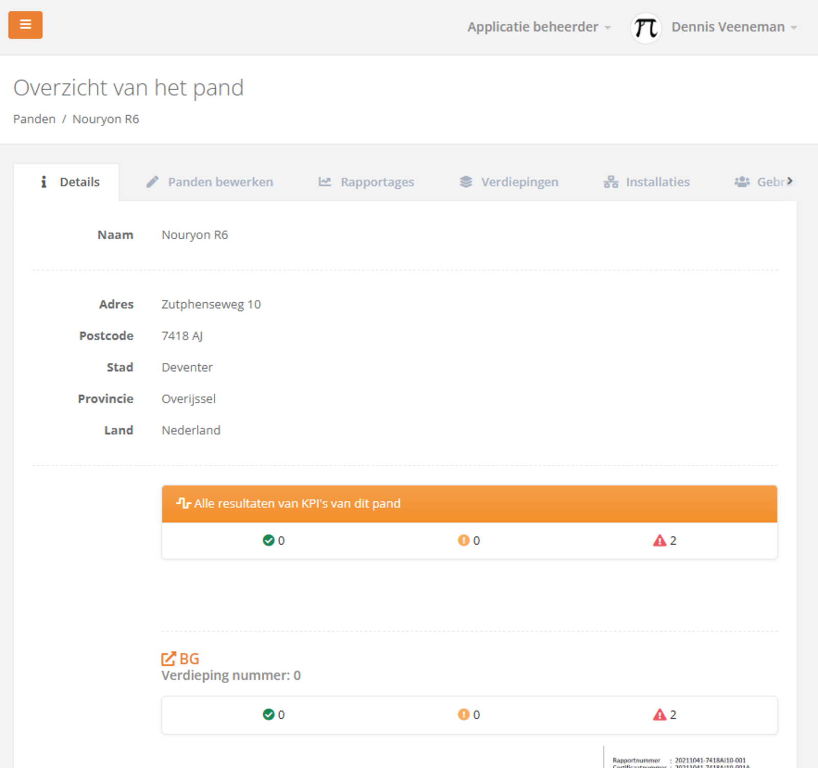 Detailpagina van een pand met adres, KPI-tellers en metadata