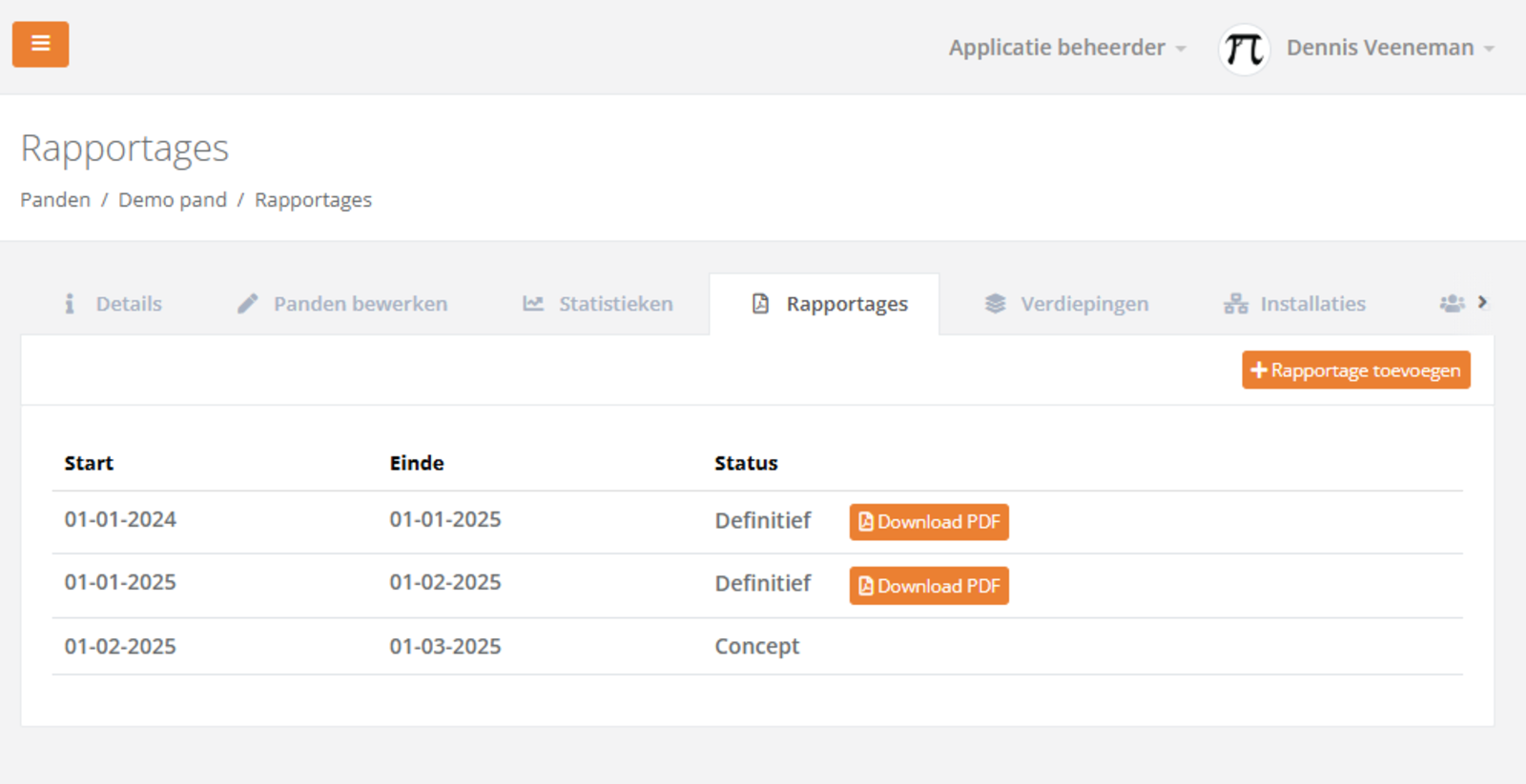 Lijst met rapportages per pand, met status concept of definitief en download-knop