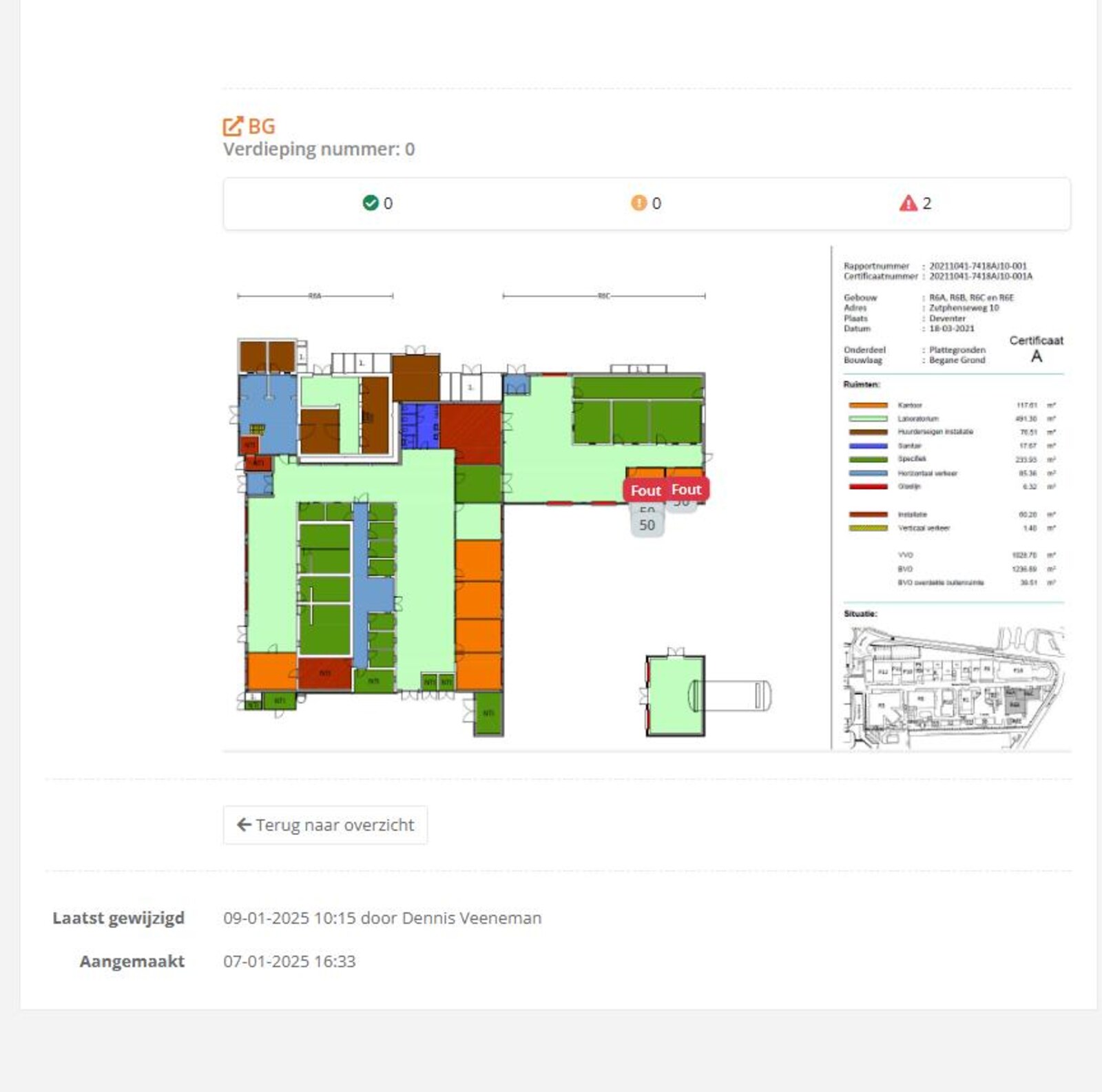 Plattegrond met KPI-overschrijdingen gemarkeerd, certificaat zichtbaar