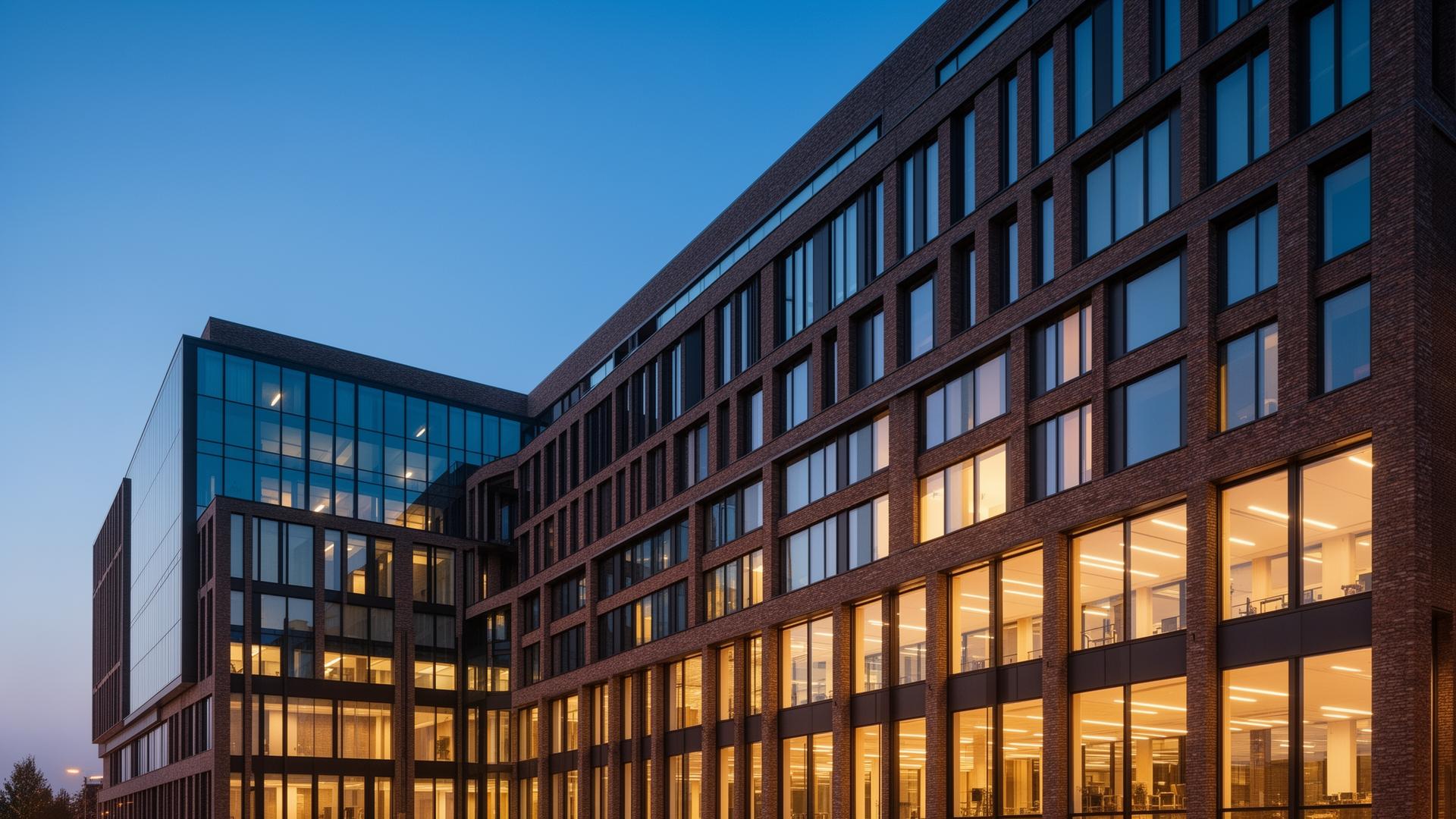 Modern kantoorpand bij schemering
