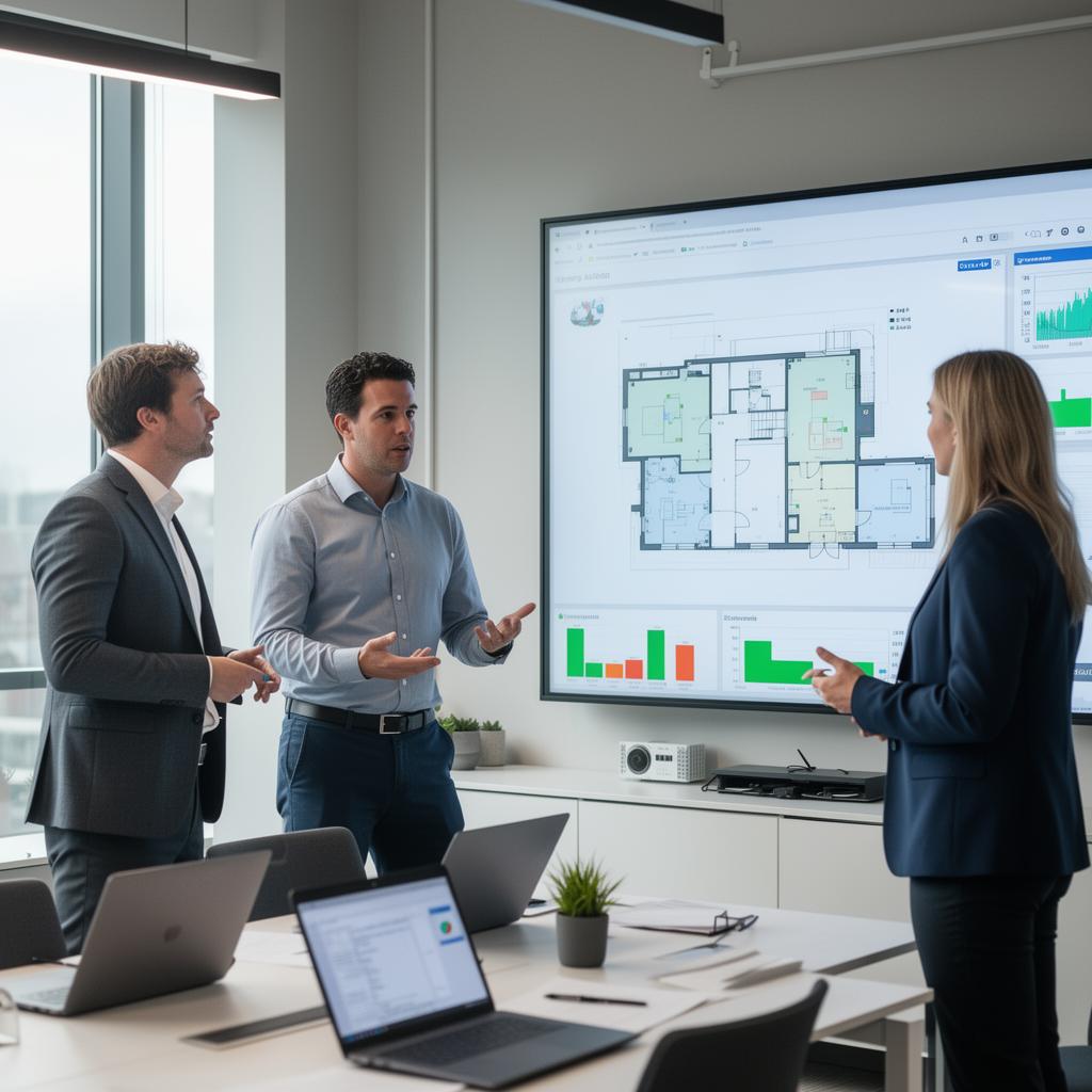 Team van facility managers en technische adviseurs die samenwerken rond gebouwsysteemdata